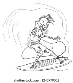surfer skeleton hand drow on wave