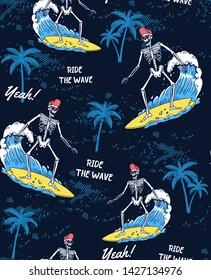 The Surfer skeleton illustration the with big wave and palm trees. Vector seamless pattern for t-shirt print and other uses.