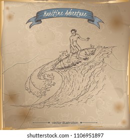 Surfer sketch. Maritime adveture series. Great for travel ads and brochures, sailing and tourist illustrations.