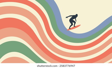 A surfer skillfully rides a colorful wave composed of soft curves and pastel hues, showcasing the joyful essence of surfing in a stylized vector art format