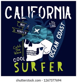 Surfer skull.Skull,surfboard drawing.Fun t-shirt design for .Vector illustration design for fashion fabrics, textile graphics, print.