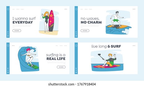 Surfer Sport Activity Landing Page Template Set. Surfing People Characters Riding Surf Boards by Ocean Waves, Make Selfie. Sports Competition, Summer Sparetime, Lifestyle. Linear Vector Illustration