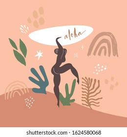 Surfer sports girl concept. Hakuna matata lifestyle. Modern abstract cutout shapes collage. Creative poster or banner. Pastel colors. Flat design collage composition. Vector illustration. Clipart