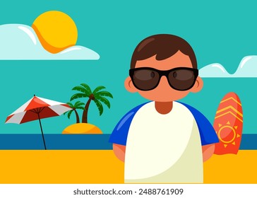 Surfer stand on beach with surfboard flat design style. Summer time tropical holiday concept with sea background. Design element can be used for print, poster, brochure, banner, vector illustration