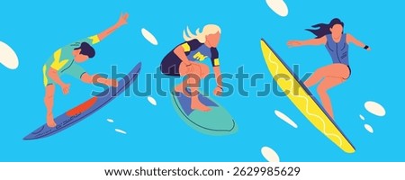 Surfer standing on surfboard. Set of happy surfers in beachwear with surfboards in sea or ocean on blue background. Tropical hawaiian lifestyle. Colorful flat vector illustration.