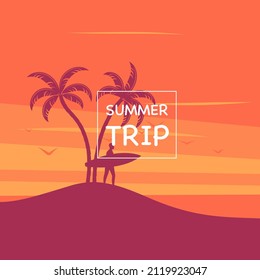 Surfer standing with palm tree and yellow sun illustration concept.  banner template design.Special offer banner for poster, sticker.Vector illustration isolated template poster banner
