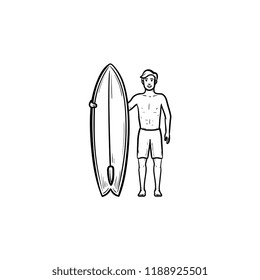 Surfista de pie con el icono del doodle dibujado a mano en la tabla de surf. Surfista profesional, concepto de actividad al aire libre. Ilustración vectorial para impresión, web, móvil e infografía sobre fondo blanco.