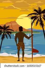 Surfer Standing With Surfboard On The Tropical Beach Back View. Hawaii Surfing Palms Ocean Theme Retro Vintage. Vector Illustration Isolated Template Poster Banner