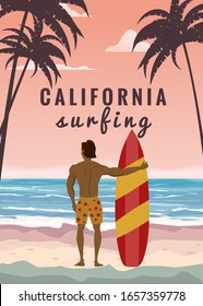 Surfer standing with surfboard on the tropical beach back view. California surfing palms ocean theme. Vector illustration isolated template poster banner