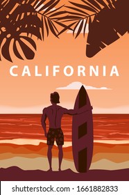 Surfer standing with surfboard on the tropical beach back view. California surfing palms ocean theme retro vintage. Vector illustration isolated template poster banner