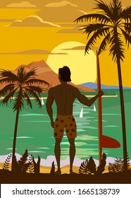 Surfer Standing With Surfboard On The Tropical Beach Back View. Hawaii Surfing Palms Ocean Theme Retro Vintage. Vector Illustration Isolated Template Poster Banner