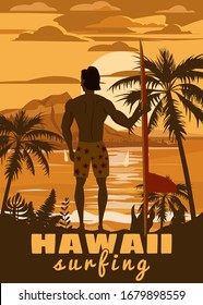 Surfer standing with surfboard on the tropical beach back view. Hawaii surfing palms ocean theme retro vintage. Vector illustration isolated template poster banner