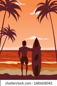 Surfer standing with surfboard on the tropical beach back view. Palms ocean surfung theme retro vintage. Vector illustration isolated template poster banner