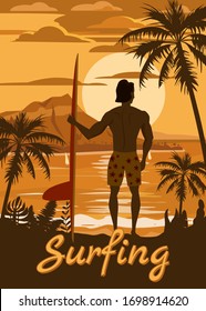 Surfer standing with surfboard on the tropical beach back view. Surfing palms ocean theme retro vintage. Vector illustration isolated template poster banner