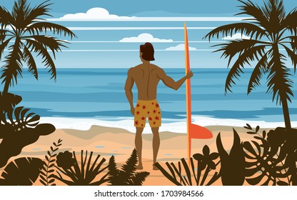 Surfer standing with surfboard on the tropical beach back view. Palms ocean surfung theme. Vector illustration isolated template poster banner