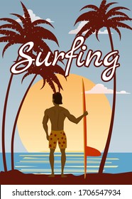 Surfer standing with surfboard on the tropical beach back view. Surfing palms ocean theme retro vintage. Vector illustration isolated template poster banner