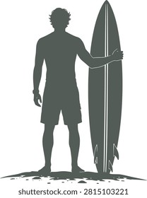 Surfer Standing With Surfboard Silhouette Beach Vector