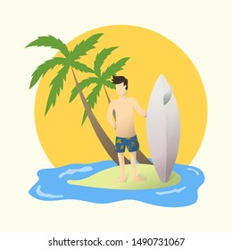 surfer standing under palm tree in small island. flat vector illustration.