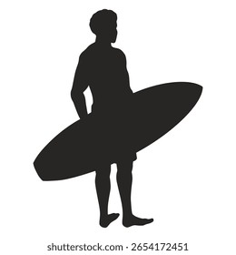 Um surfista fica descalço na praia, segurando uma prancha de surfe sob o braço. A silhueta contrasta com a luz solar brilhante que mostra a atmosfera da praia.