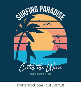 Surfer stay and look on ocean sunset on California beach paradise place. Vintage graphic design holiday summer print for t shirt tee sticker patch poster party. Fashion trendy old school illustration.