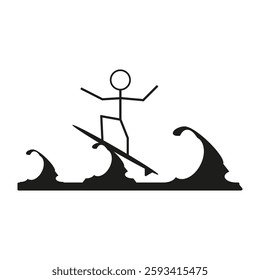 Surfer stick figure. Waves motion illustration. Surfboard vector icon. Extreme water activity. EPS 10.