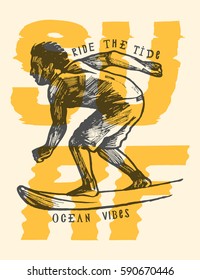 surfer stylish print - realistic man surfing with big surf letters