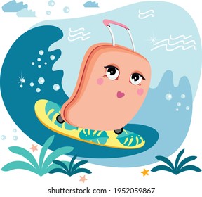 Surfer suitcase. Boarding on the waves. Decorated easter card, banner.
Surfing, ocean, sea, wave, spray. 