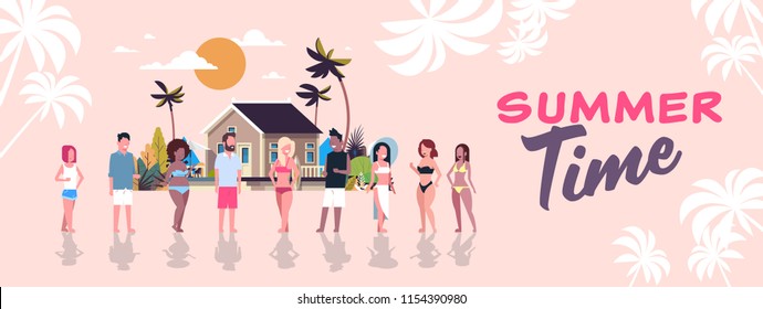 surfer summer mix race people group surf board on sunset beach villa house tropical lettering banner flat vector illustration