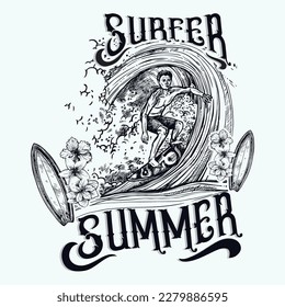 surfer summer typography for t-shirt print , vector illustration, Beach Paradise Print T- shirt graphic Design, typography surfer board beach sunset background vector illustration