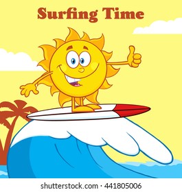 Surfer Sun Cartoon Mascot Character Riding A Wave And Showing Thumb Up. Vector Illustration With Background And Text Surfing Time