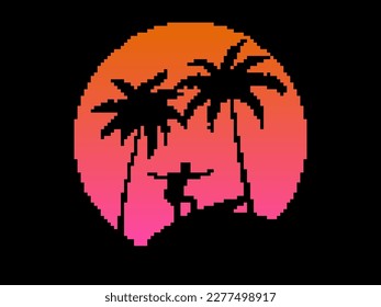 Surfer at sunset with palm trees in pixel art style. Retro sunset with palm trees in 8 bit synthwave style. Pixel design for banners, posters and apps. Vector illustration