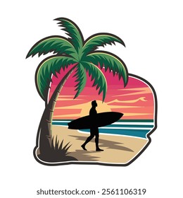 Surfer with Sunset and tropical Palm Trees vector Illustration for Beach and Natural Designs