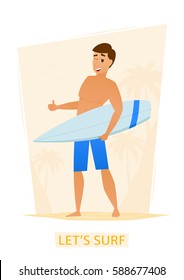 Surfer with surf board on the beach. Concept of summer vacation on the sea. Vector illustration of cartoon man in swimwear.