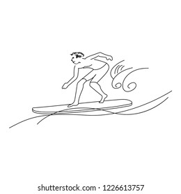 surfer and surfboard black stroke on the white background with waves