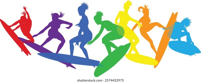 Surfer surfboard boarding female surfers surfing colorful silhouette outlines. Women surf group design concept.