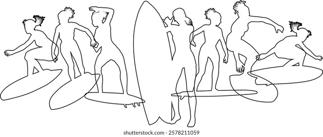 Surfer surfboard boarding female surfers surfing silhouette outlines. Women surf group design concept.