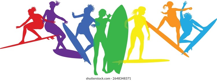 Surfer surfboard boarding female surfers surfing colorful silhouette outlines. Women surf group design concept.