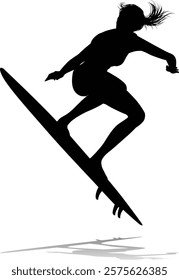 Surfer surfboard boarding female surfer surfing silhouette outline. Woman surf pose design concept.