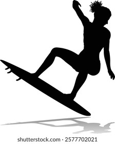 Surfer surfboard boarding female surfer surfing silhouette outline. Woman surf pose design concept.