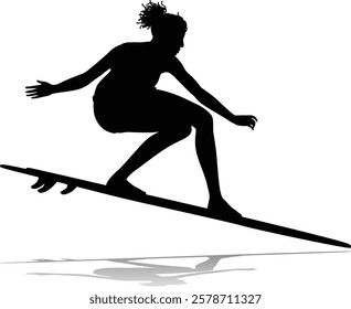 Surfer surfboard boarding female surfer surfing silhouette outline. Woman surf pose design concept.