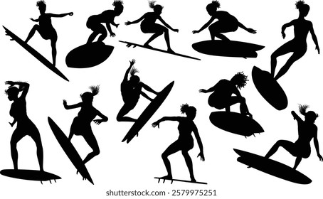 Surfer surfboard boarding female surfer surfing silhouette outlines. Women surf pose design concept.