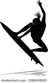 Surfer surfboard boarding female surfer surfing silhouette outline. Woman surf pose design concept.