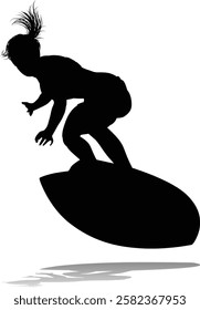 Surfer surfboard boarding female surfer surfing silhouette outline. Woman surf pose design concept.