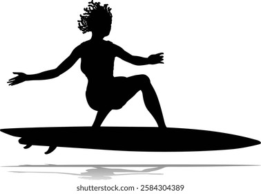 Surfer surfboard boarding female surfer surfing silhouette outline. Woman surf pose design concept.