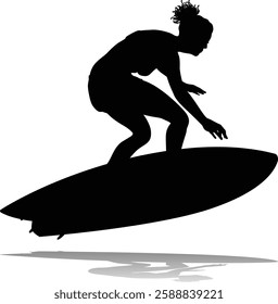 Surfer surfboard boarding female surfer surfing silhouette outline. Woman surf pose design concept.