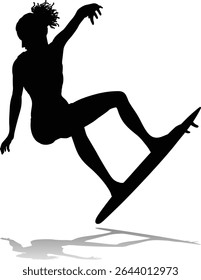 Surfer surfboard boarding female surfer surfing silhouette outline. Woman surf pose design concept.