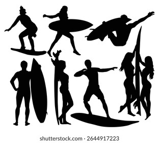Surfer surfboard boarding female surfer surfing silhouette outline. Woman surf pose design concept. Young girl in a bikini surfing. different action, pose. sport, surfing, hobby, summer theme.