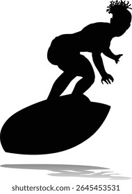 Surfer surfboard boarding female surfer surfing silhouette outline. Woman surf pose design concept.