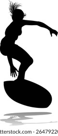 Surfer surfboard boarding female surfer surfing silhouette outline. Woman surf pose design concept.