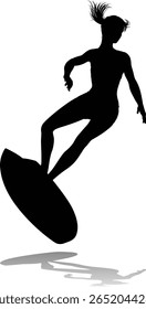 Surfista prancha de surf feminino surfista silhueta esboço. Conceito de design de pose de surf de mulher.